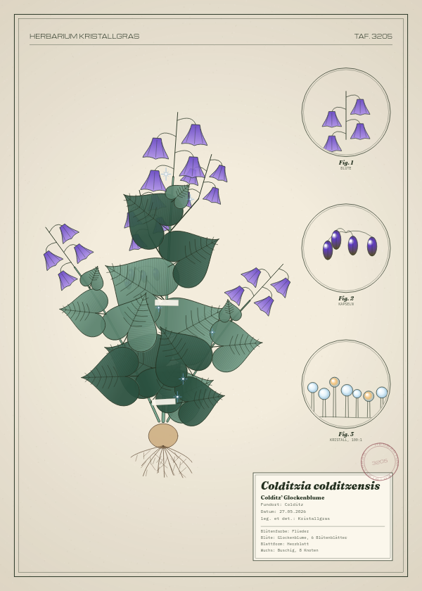 Botanische Tafel: Colditzia colditzensis, eine erfundene Pflanze aus Colditz, gezeichnet wie in einem alten Pflanzenatlas