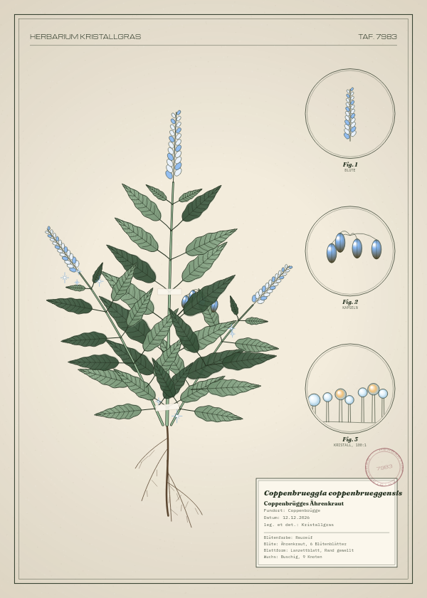 Botanische Tafel: Coppenbrueggia coppenbrueggensis, eine erfundene Pflanze aus Coppenbrügge, gezeichnet wie in einem alten Pflanzenatlas