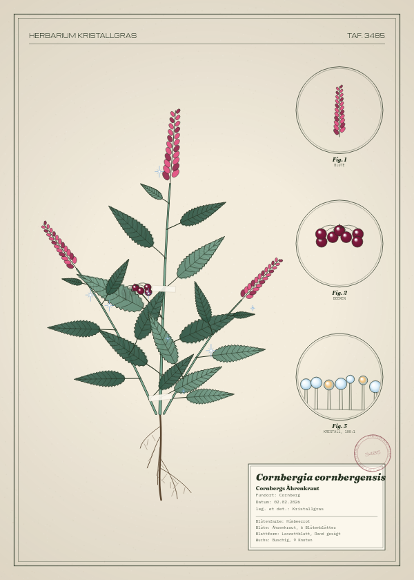 Botanische Tafel: Cornbergia cornbergensis, eine erfundene Pflanze aus Cornberg, gezeichnet wie in einem alten Pflanzenatlas