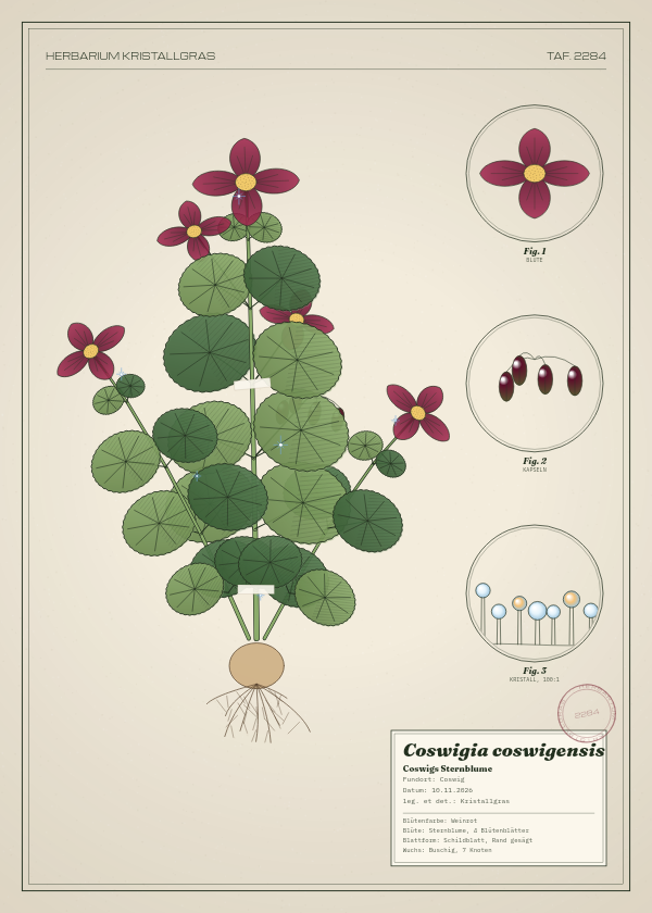 Botanische Tafel: Coswigia coswigensis, eine erfundene Pflanze aus Coswig, gezeichnet wie in einem alten Pflanzenatlas