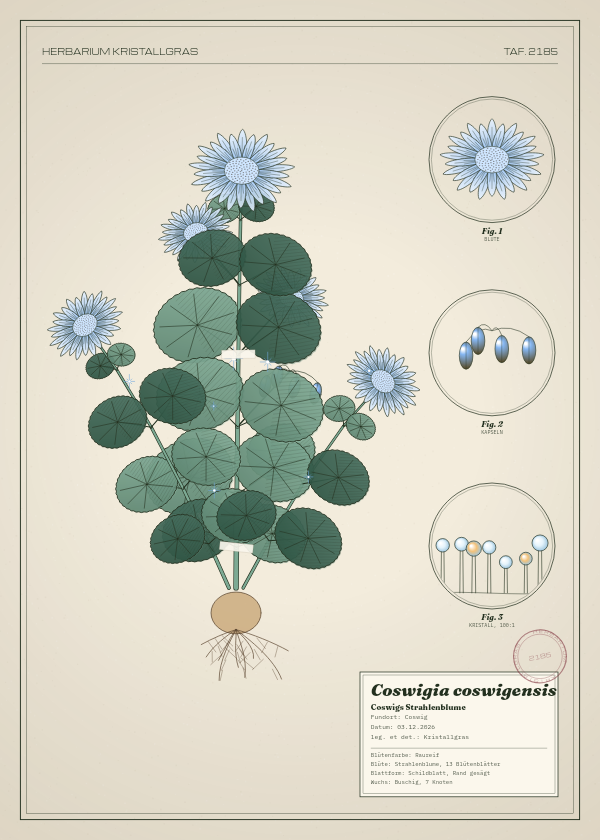 Botanische Tafel: Coswigia coswigensis, eine erfundene Pflanze aus Coswig, gezeichnet wie in einem alten Pflanzenatlas