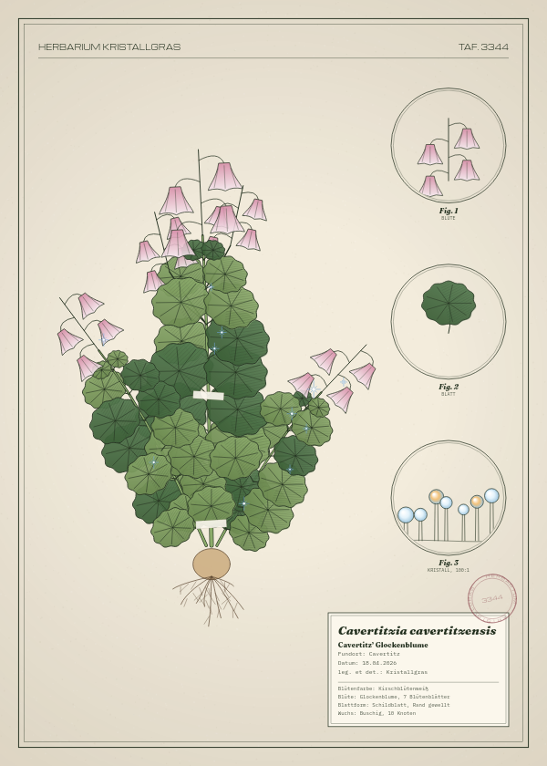 Botanische Tafel: Cavertitzia cavertitzensis, eine erfundene Pflanze aus Cavertitz, gezeichnet wie in einem alten Pflanzenatlas