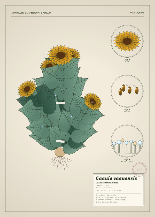 Botanische Tafel: Caania caanensis, eine erfundene Pflanze aus Caan, gezeichnet wie in einem alten Pflanzenatlas