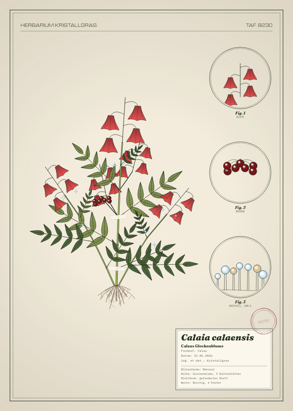 Botanische Tafel: Calaia calaensis, eine erfundene Pflanze aus Calau, gezeichnet wie in einem alten Pflanzenatlas