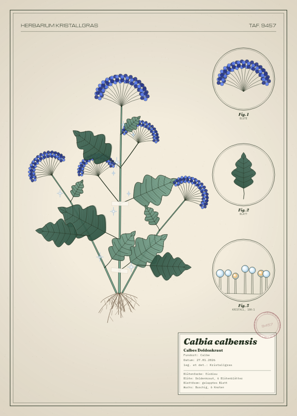 Botanische Tafel: Calbia calbensis, eine erfundene Pflanze aus Calbe, gezeichnet wie in einem alten Pflanzenatlas