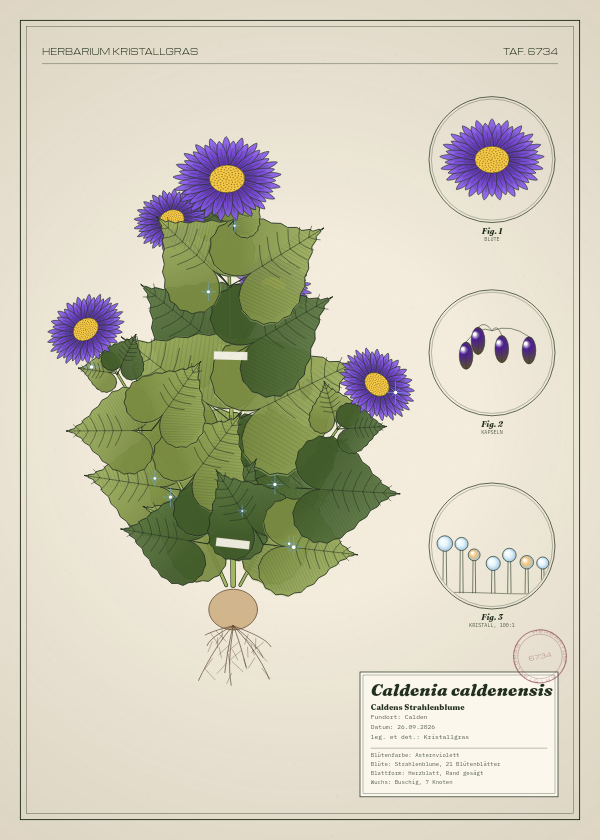 Botanische Tafel: Caldenia caldenensis, eine erfundene Pflanze aus Calden, gezeichnet wie in einem alten Pflanzenatlas