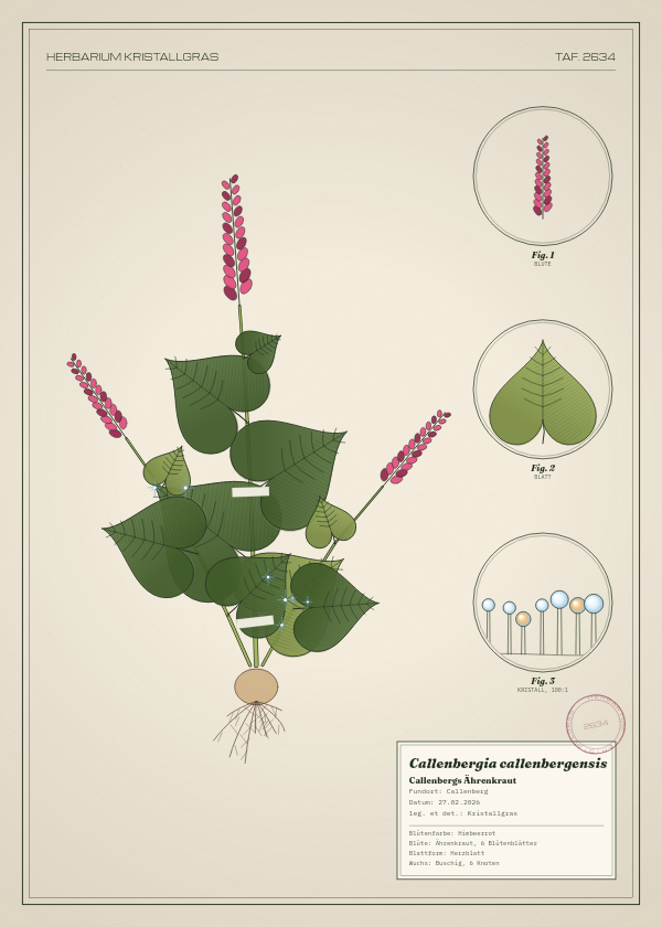 Botanische Tafel: Callenbergia callenbergensis, eine erfundene Pflanze aus Callenberg, gezeichnet wie in einem alten Pflanzenatlas