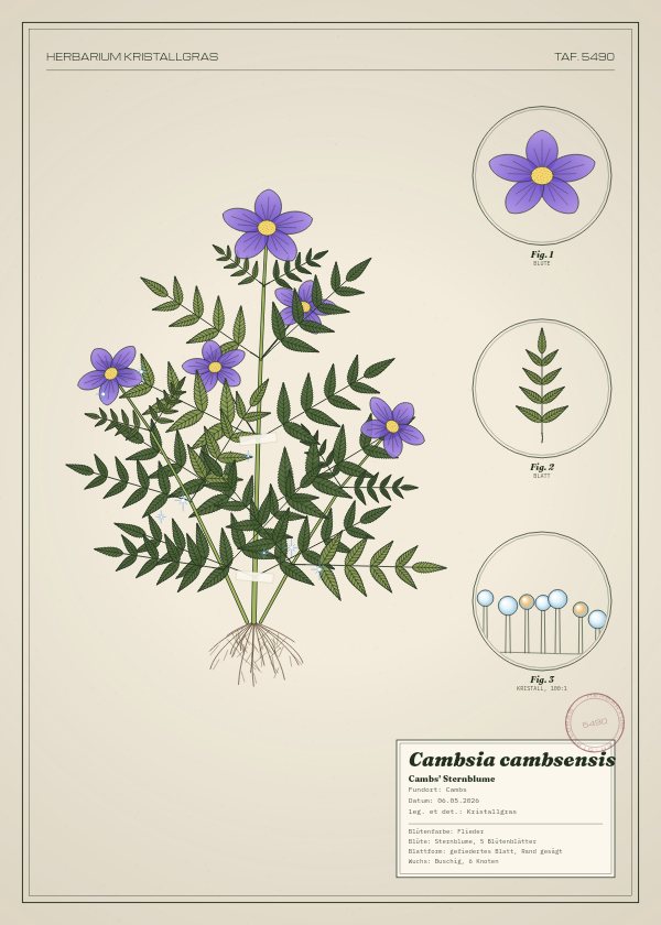 Botanische Tafel: Cambsia cambsensis, eine erfundene Pflanze aus Cambs, gezeichnet wie in einem alten Pflanzenatlas