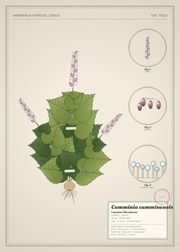 Botanische Tafel: Camminia camminensis, eine erfundene Pflanze aus Cammin, gezeichnet wie in einem alten Pflanzenatlas