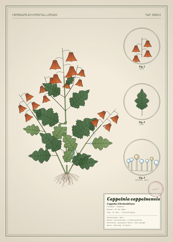 Botanische Tafel: Cappelnia cappelnensis, eine erfundene Pflanze aus Cappeln, gezeichnet wie in einem alten Pflanzenatlas