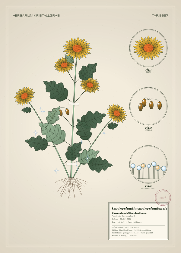 Botanische Tafel: Carinerlandia carinerlandensis, eine erfundene Pflanze aus Carinerland, gezeichnet wie in einem alten Pflanzenatlas