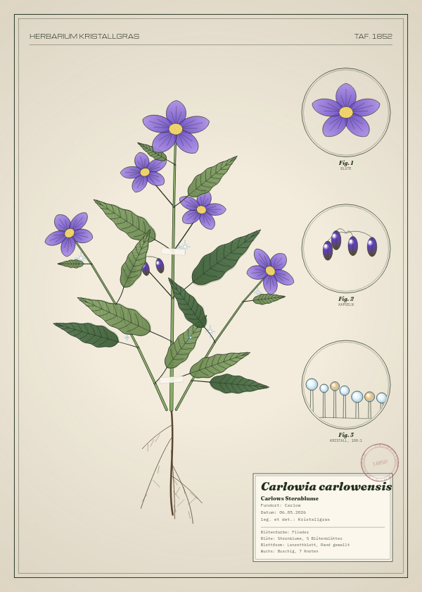 Botanische Tafel: Carlowia carlowensis, eine erfundene Pflanze aus Carlow, gezeichnet wie in einem alten Pflanzenatlas