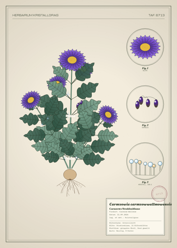 Botanische Tafel: Carmzowia carmzowwallmowensis, eine erfundene Pflanze aus Carmzow-Wallmow, gezeichnet wie in einem alten Pflanzenatlas