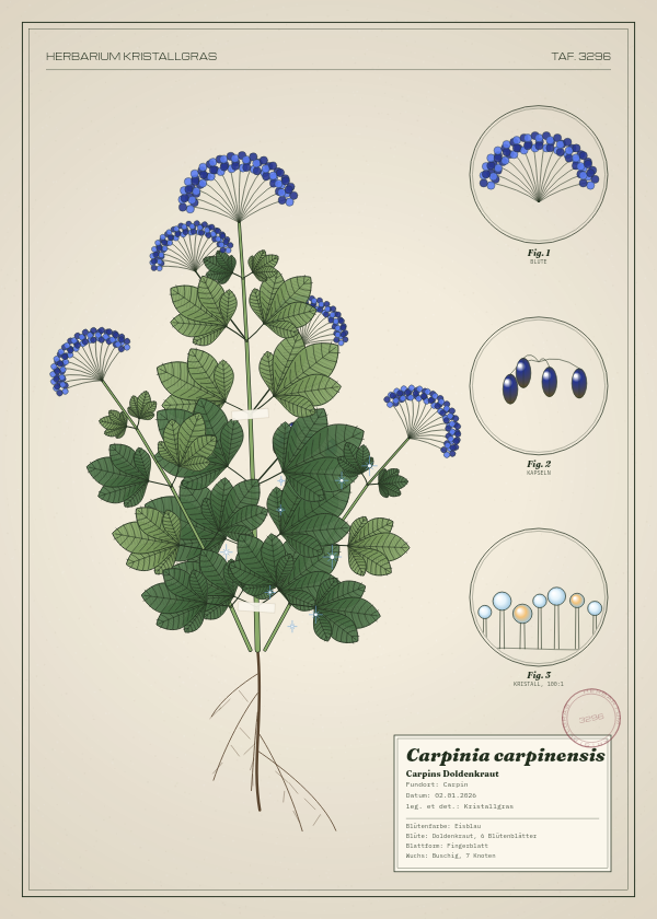 Botanische Tafel: Carpinia carpinensis, eine erfundene Pflanze aus Carpin, gezeichnet wie in einem alten Pflanzenatlas
