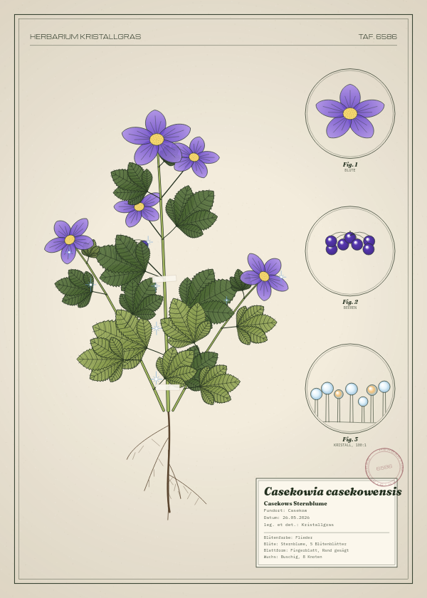 Botanische Tafel: Casekowia casekowensis, eine erfundene Pflanze aus Casekow, gezeichnet wie in einem alten Pflanzenatlas