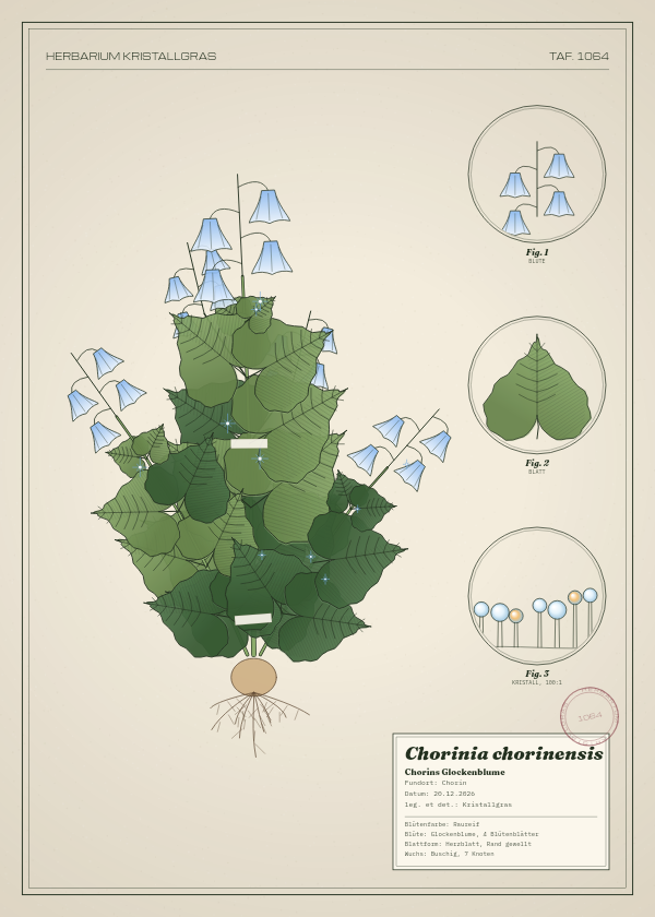 Botanische Tafel: Chorinia chorinensis, eine erfundene Pflanze aus Chorin, gezeichnet wie in einem alten Pflanzenatlas