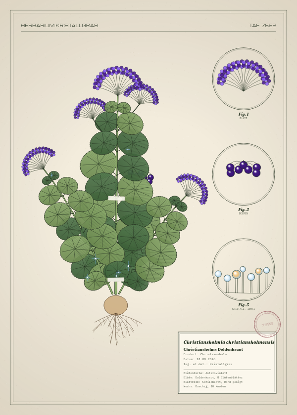 Botanische Tafel: Christiansholmia christiansholmensis, eine erfundene Pflanze aus Christiansholm, gezeichnet wie in einem alten Pflanzenatlas