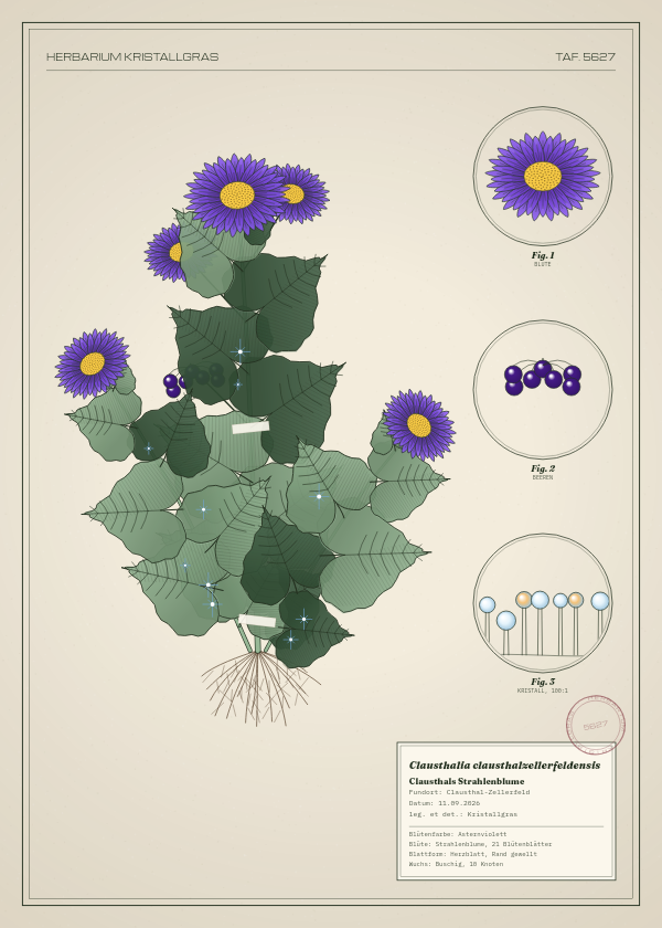 Botanische Tafel: Clausthalia clausthalzellerfeldensis, eine erfundene Pflanze aus Clausthal-Zellerfeld, gezeichnet wie in einem alten Pflanzenatlas