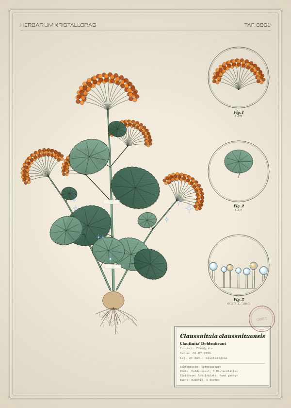 Botanische Tafel: Claussnitzia claussnitzensis, eine erfundene Pflanze aus Claußnitz, gezeichnet wie in einem alten Pflanzenatlas