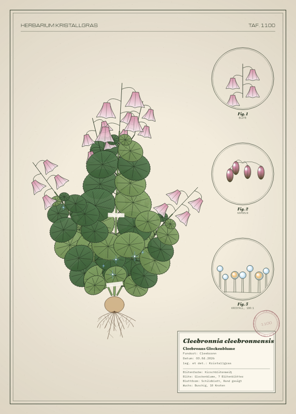 Botanische Tafel: Cleebronnia cleebronnensis, eine erfundene Pflanze aus Cleebronn, gezeichnet wie in einem alten Pflanzenatlas