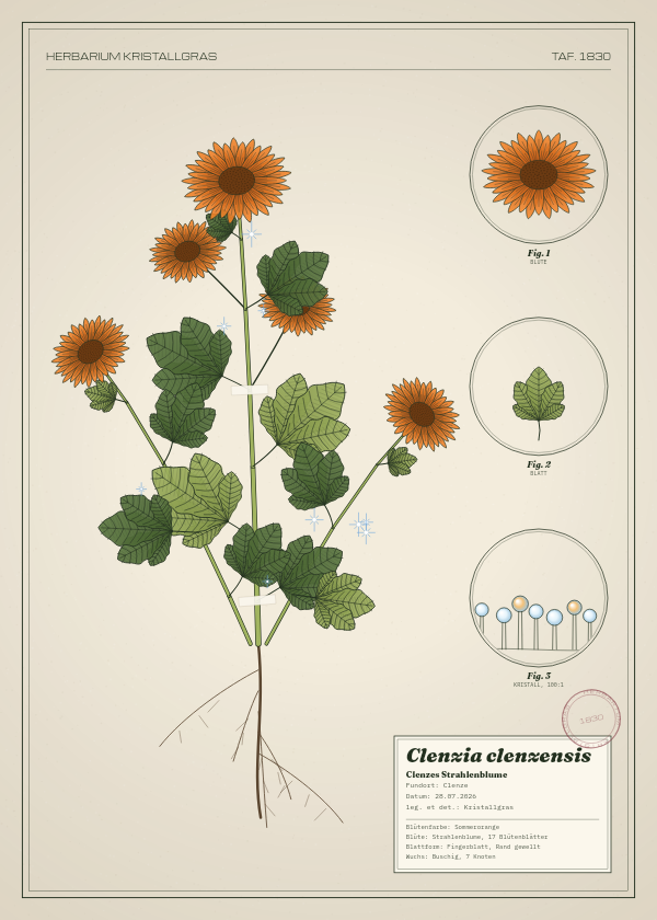 Botanische Tafel: Clenzia clenzensis, eine erfundene Pflanze aus Clenze, gezeichnet wie in einem alten Pflanzenatlas