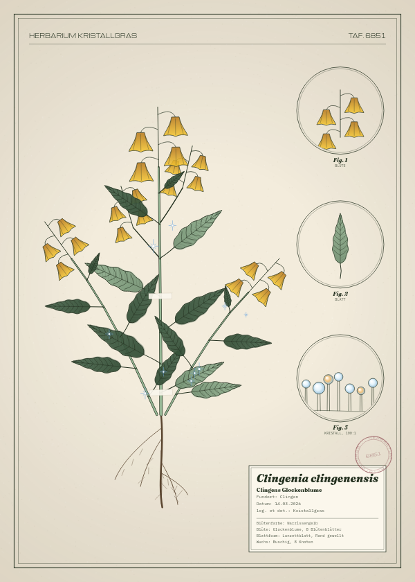 Botanische Tafel: Clingenia clingenensis, eine erfundene Pflanze aus Clingen, gezeichnet wie in einem alten Pflanzenatlas