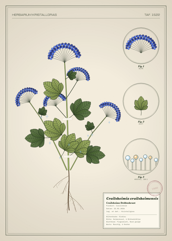 Botanische Tafel: Crailsheimia crailsheimensis, eine erfundene Pflanze aus Crailsheim, gezeichnet wie in einem alten Pflanzenatlas