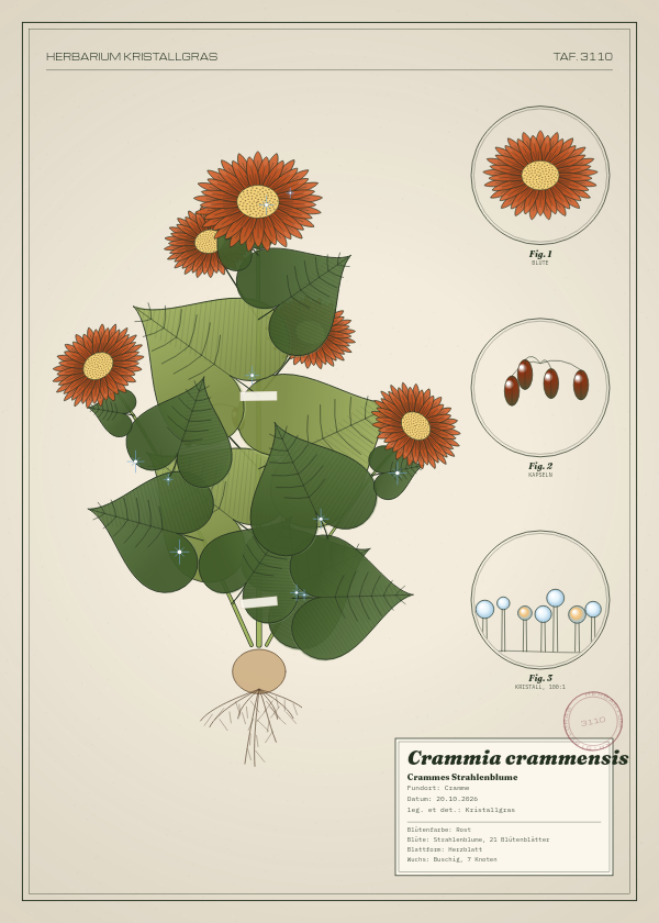 Botanische Tafel: Crammia crammensis, eine erfundene Pflanze aus Cramme, gezeichnet wie in einem alten Pflanzenatlas