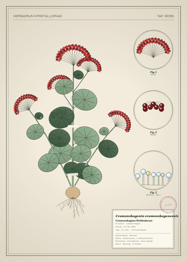 Botanische Tafel: Cramonshagenia cramonshagenensis, eine erfundene Pflanze aus Cramonshagen, gezeichnet wie in einem alten Pflanzenatlas
