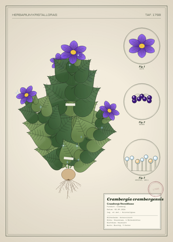Botanische Tafel: Crambergia crambergensis, eine erfundene Pflanze aus Cramberg, gezeichnet wie in einem alten Pflanzenatlas