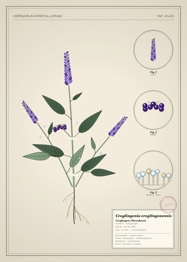 Botanische Tafel: Creglingenia creglingenensis, eine erfundene Pflanze aus Creglingen, gezeichnet wie in einem alten Pflanzenatlas