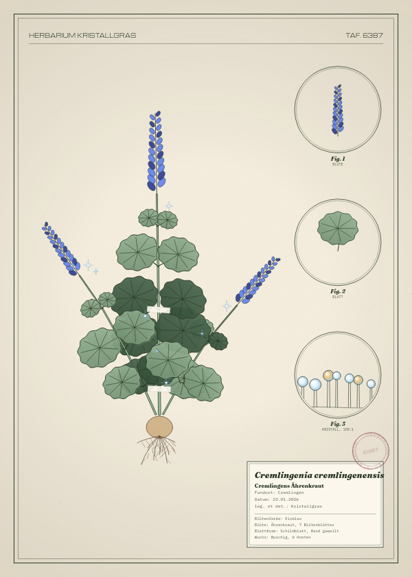Botanische Tafel: Cremlingenia cremlingenensis, eine erfundene Pflanze aus Cremlingen, gezeichnet wie in einem alten Pflanzenatlas