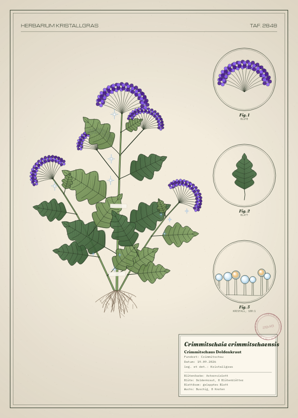 Botanische Tafel: Crimmitschaia crimmitschaensis, eine erfundene Pflanze aus Crimmitschau, gezeichnet wie in einem alten Pflanzenatlas