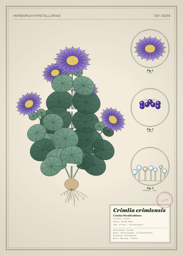 Botanische Tafel: Crimlia crimlensis, eine erfundene Pflanze aus Crimla, gezeichnet wie in einem alten Pflanzenatlas