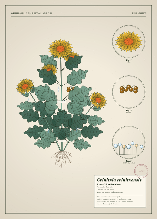 Botanische Tafel: Crinitzia crinitzensis, eine erfundene Pflanze aus Crinitz, gezeichnet wie in einem alten Pflanzenatlas