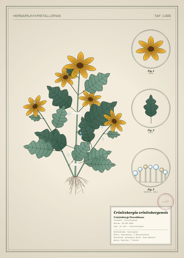 Botanische Tafel: Crinitzbergia crinitzbergensis, eine erfundene Pflanze aus Crinitzberg, gezeichnet wie in einem alten Pflanzenatlas