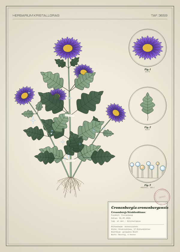 Botanische Tafel: Cronenbergia cronenbergensis, eine erfundene Pflanze aus Cronenberg, gezeichnet wie in einem alten Pflanzenatlas