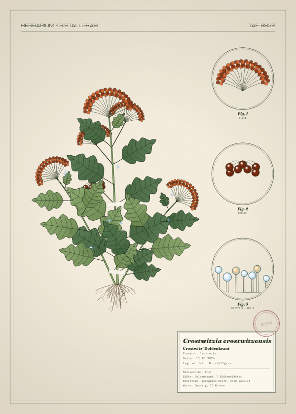 Botanische Tafel: Crostwitzia crostwitzensis, eine erfundene Pflanze aus Crostwitz, gezeichnet wie in einem alten Pflanzenatlas