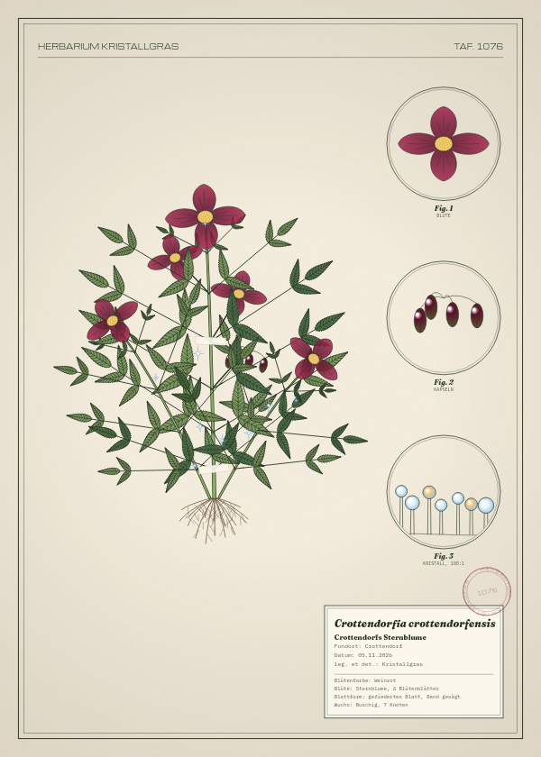 Botanische Tafel: Crottendorfia crottendorfensis, eine erfundene Pflanze aus Crottendorf, gezeichnet wie in einem alten Pflanzenatlas