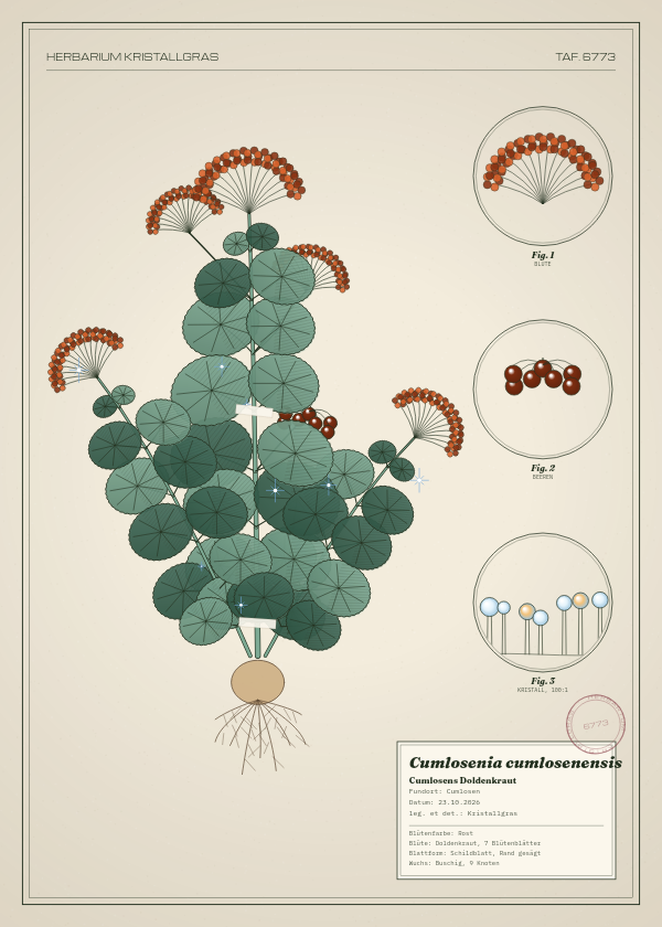 Botanische Tafel: Cumlosenia cumlosenensis, eine erfundene Pflanze aus Cumlosen, gezeichnet wie in einem alten Pflanzenatlas
