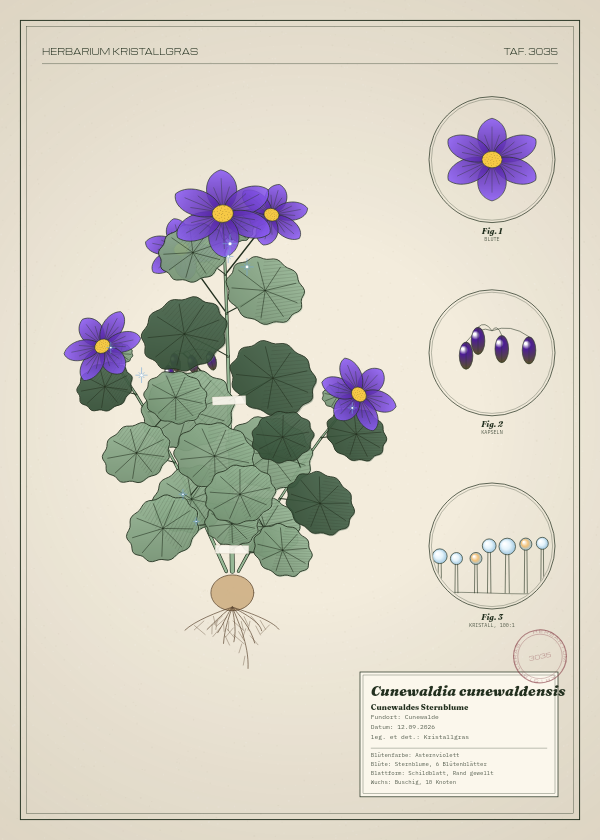 Botanische Tafel: Cunewaldia cunewaldensis, eine erfundene Pflanze aus Cunewalde, gezeichnet wie in einem alten Pflanzenatlas