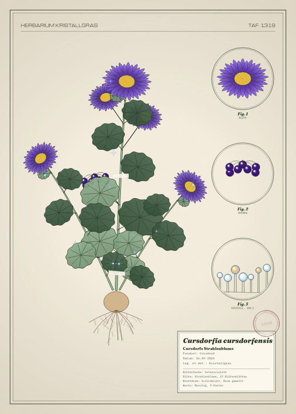 Botanische Tafel: Cursdorfia cursdorfensis, eine erfundene Pflanze aus Cursdorf, gezeichnet wie in einem alten Pflanzenatlas