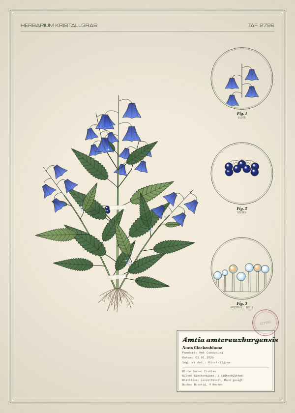 Botanische Tafel: Amtia amtcreuzburgensis, eine erfundene Pflanze aus Amt Creuzburg, gezeichnet wie in einem alten Pflanzenatlas