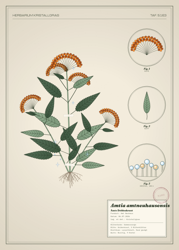 Botanische Tafel: Amtia amtneuhausensis, eine erfundene Pflanze aus Amt Neuhaus, gezeichnet wie in einem alten Pflanzenatlas