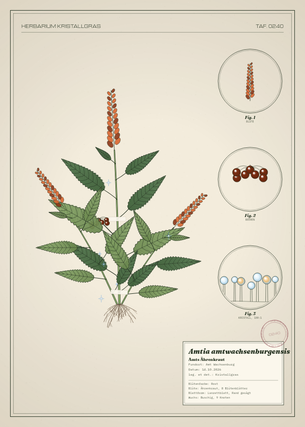 Botanische Tafel: Amtia amtwachsenburgensis, eine erfundene Pflanze aus Amt Wachsenburg, gezeichnet wie in einem alten Pflanzenatlas