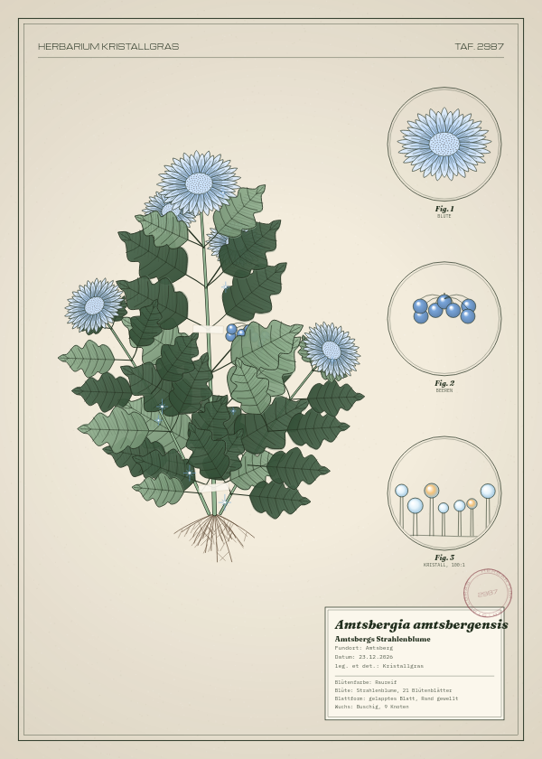 Botanische Tafel: Amtsbergia amtsbergensis, eine erfundene Pflanze aus Amtsberg, gezeichnet wie in einem alten Pflanzenatlas