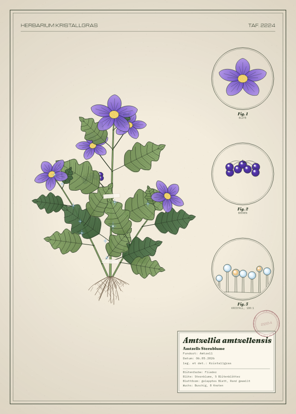 Botanische Tafel: Amtzellia amtzellensis, eine erfundene Pflanze aus Amtzell, gezeichnet wie in einem alten Pflanzenatlas