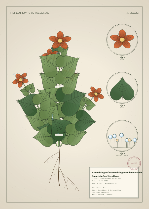 Botanische Tafel: Ammeldingenia ammeldingenanderourensis, eine erfundene Pflanze aus Ammeldingen an der Our, gezeichnet wie in einem alten Pflanzenatlas