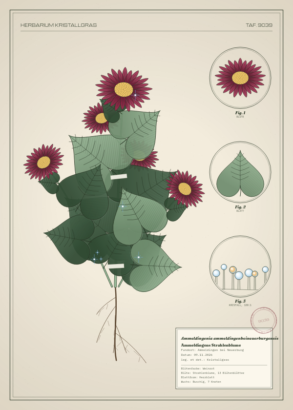Botanische Tafel: Ammeldingenia ammeldingenbeineuerburgensis, eine erfundene Pflanze aus Ammeldingen bei Neuerburg, gezeichnet wie in einem alten Pflanzenatlas