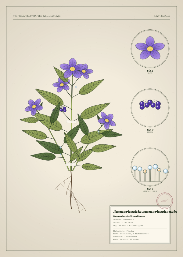 Botanische Tafel: Ammerbuchia ammerbuchensis, eine erfundene Pflanze aus Ammerbuch, gezeichnet wie in einem alten Pflanzenatlas